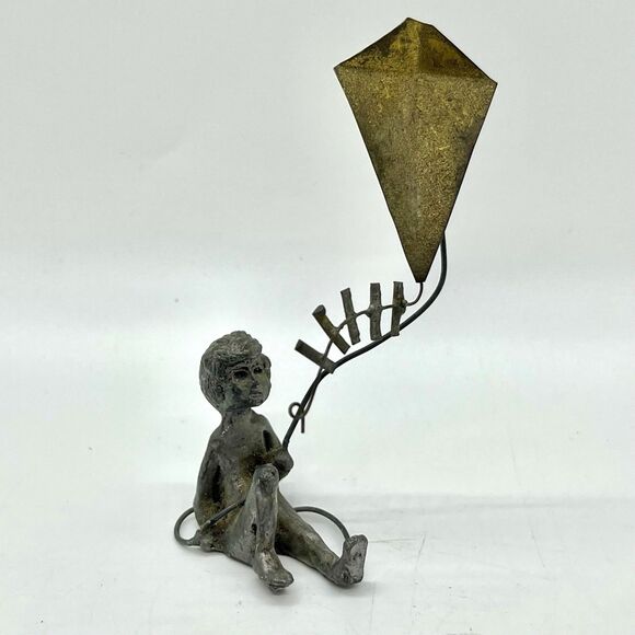 Vintage Miniature Pewter Metal Boy With Kite Figurine 3.5” Jere Style - Picture 1 of 6